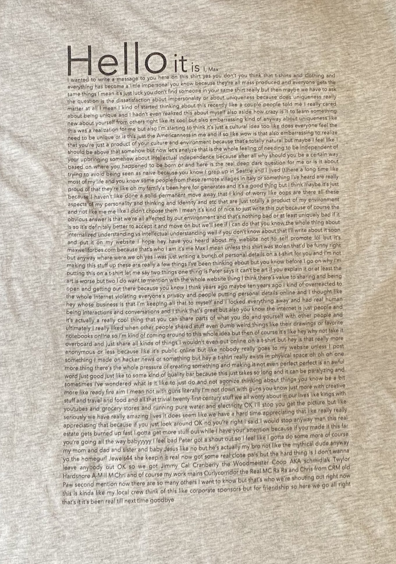 A close-up photo of the new t-shirt I made, featuring a big wall of text in tiny print