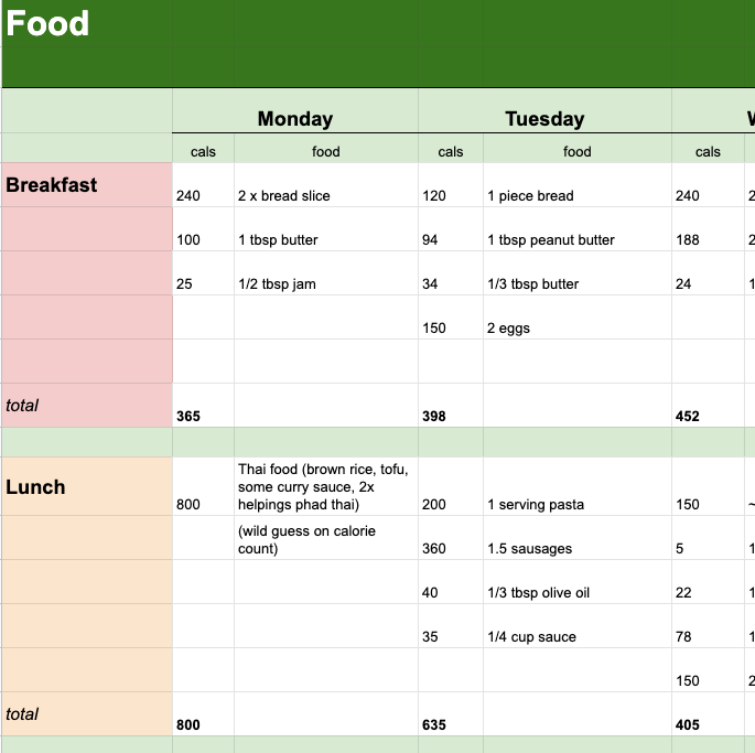 A screenshot of an early calorie counting spreadsheet I used.