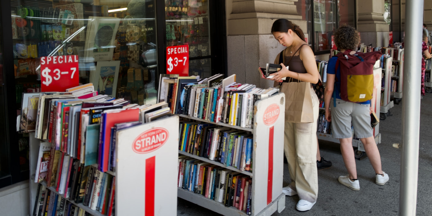 browsing used books at strand bookstore's outdoor racks in NYC